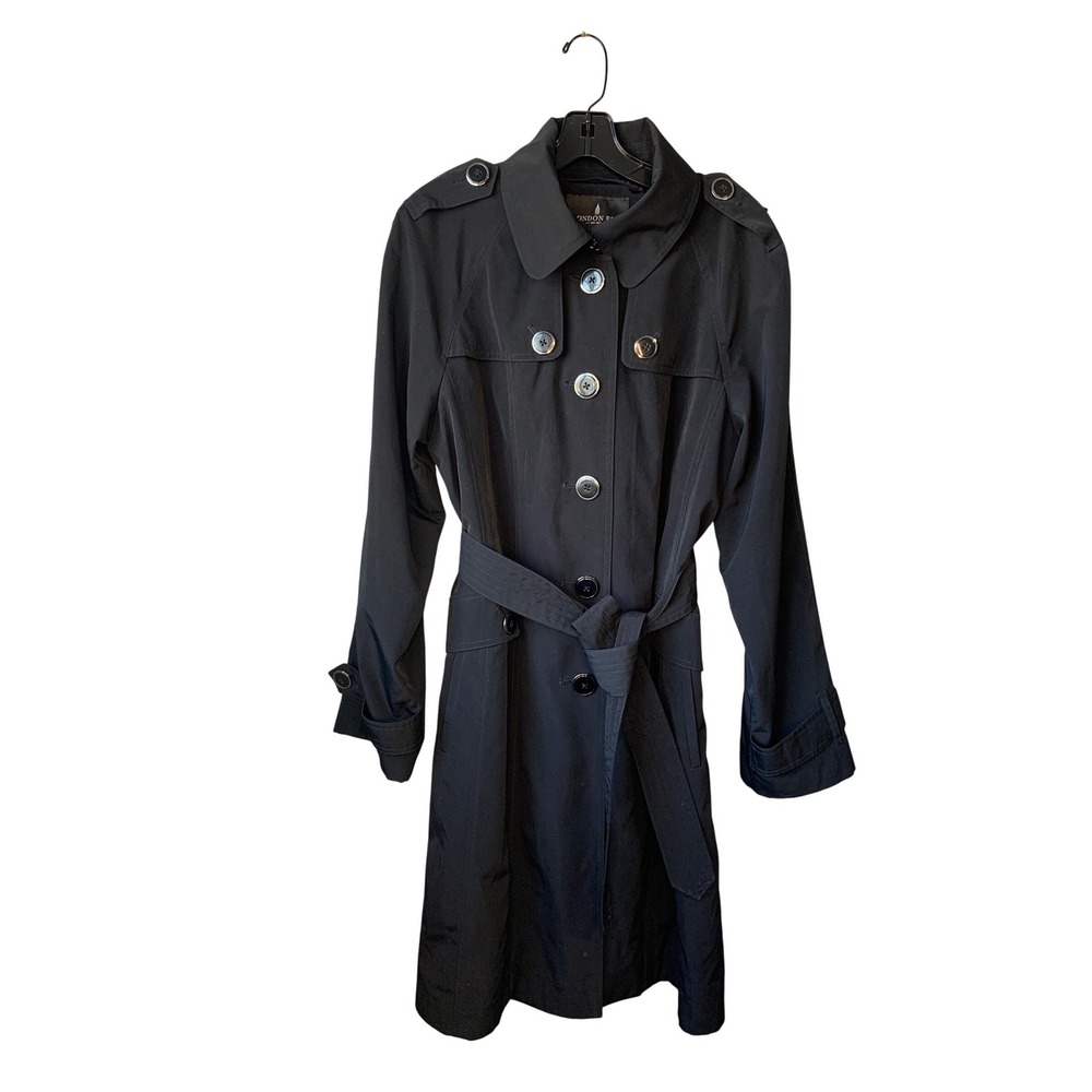 London Fog Black Hooded Trench Coat Belted Single Breasted Women's Size L